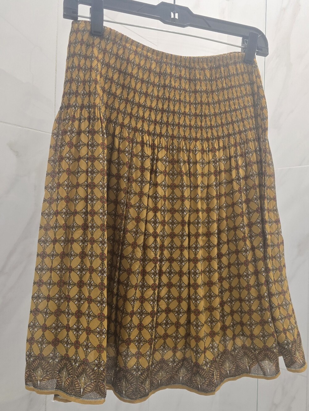 Max Studio Mustard-Yellow Floral Print A-Line Skirt, Smocked-hugging waist XS